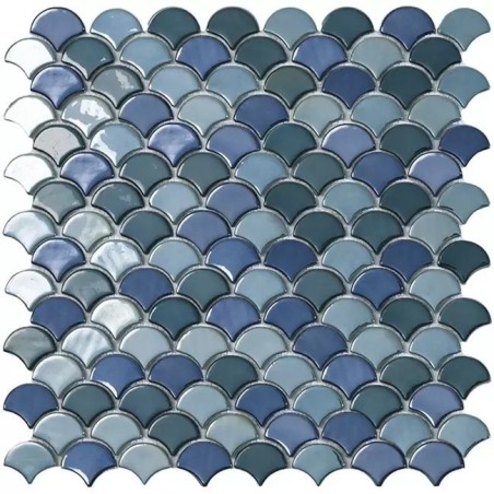 Emaux de verre écaille de poisson vert et bleu brillant 36x29mm sur trame 30x30cm, sol et mur vdxsoul green mix