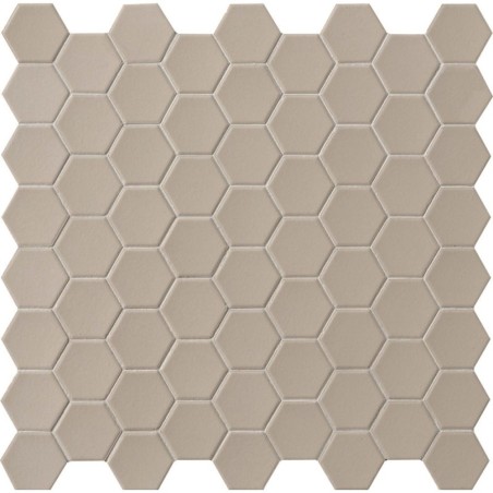 Mosaique hexagonale tomette sol et mur taupe mat 4.3x3.8cm sur trame 31.6x31.6cm terx hexamat dutchwhite