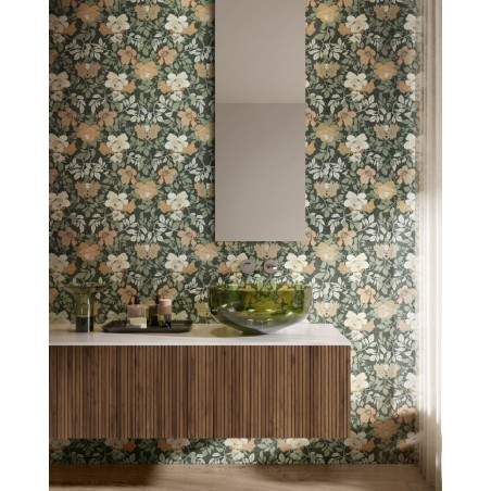 Carrelage décor fleur beige et blanc sur fond vert mat mur et sol salle de bain 60x120 rectifié,  santa jardin 05