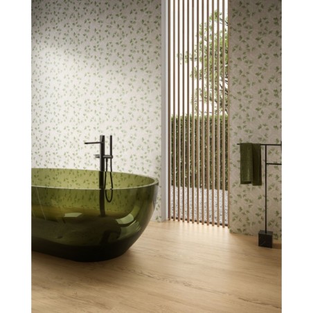 Carrelage décor fleur verte sur fond gris clair mat mur, et sol salle de bain, 60x120 rectifié,  santa jardin 09