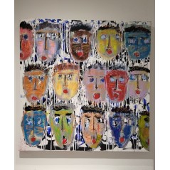 Peinture moderne, tableau contemporain figuratif, acrylique sur toile 100x100cm intitulée: Têtes de couleur