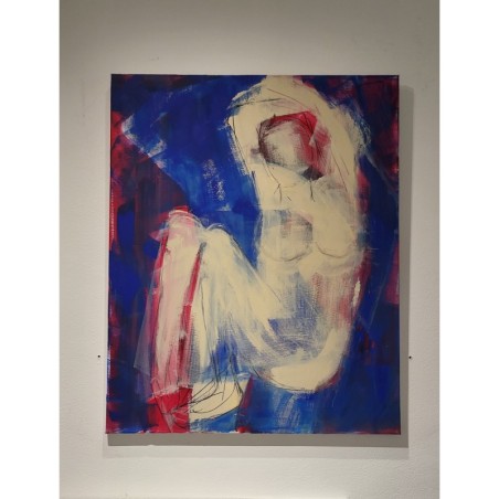 Peinture contemporaine, tableau moderne de femme figuratif, acrylique sur toile 100x81cm intitulée: femme assise