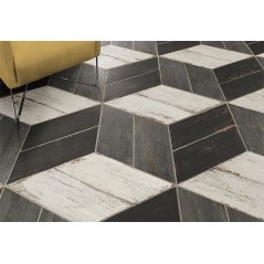 Carrelage effet bois peint en noir vieilli interieur exterieur R11,  sol et mur navette, hexagone, rectangle natucretro negra