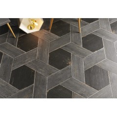 Carrelage effet bois peint en noir vieilli interieur exterieur R11,  sol et mur navette, hexagone, rectangle natucretro negra