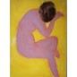 Peinture contemporaine, tableau moderne figuratif de nu , acrylique sur toile 100x73cm  femme en rose sur fond jaune