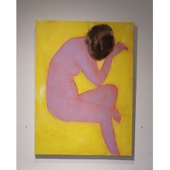 Peinture contemporaine, tableau moderne figuratif de nu , acrylique sur toile 100x73cm  femme en rose sur fond jaune