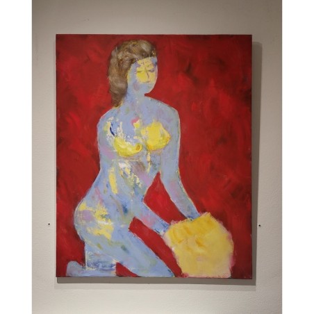 Peinture contemporaine, tableau moderne figuratif de nu , acrylique sur toile 100x81cm intitulée: femme qui s'habille en jaune.