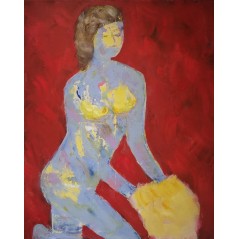 Peinture contemporaine, tableau moderne figuratif de nu , acrylique sur toile 100x81cm intitulée: femme qui s'habille en jaune.