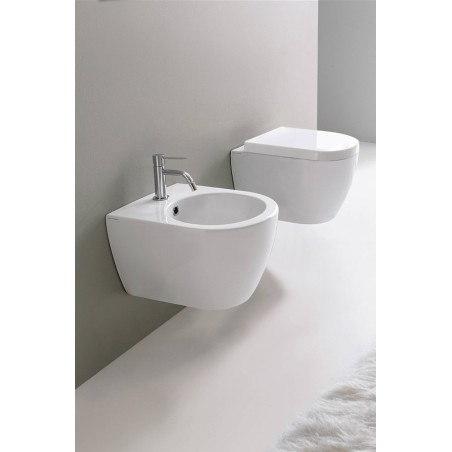 Toilette wc suspendu court en céramique émaillée  blanc, noir, bleu, vert, rose, gris taupe avec abattant scaxmoon 5524