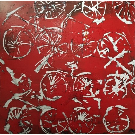 Peinture contemporaine, tableau moderne figuratif, acrylique sur toile 100x100cm intitulée: vélos rouges