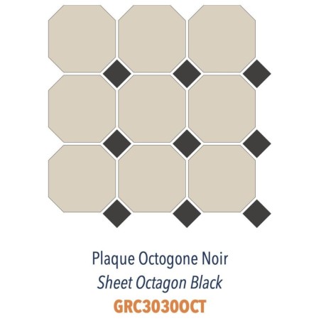 Ccarrelage en grès cérame pleine masse 10x10cm blanc cassé mat octogonal avec cabochon noir mat sur trame 30x30cm Dif