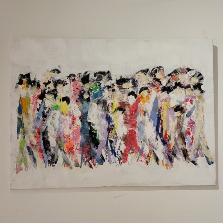 Peinture moderne, tableau contemporain figuratif, acrylique sur toile 100x73cm intitulée: foule sur fond blanc