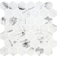 Mosaique de verre hexagonal grand format marbre blanc mat D: 5.16cm antidérapant R11 onxxl fosco matte