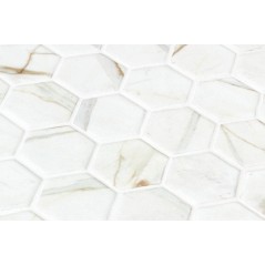 Mosaique de verre hexagonal grand format marbre blanc et or mat D: 5.16cm  R11 onxxl  calacatta gold