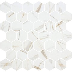 Mosaique de verre hexagonal grand format marbre blanc et or mat D: 5.16cm  R11 onxxl  calacatta gold