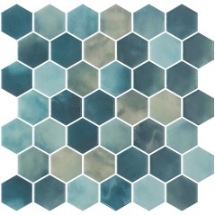 Mosaique de verre hexagonal grand format bleu nuancé satiné D: 5.16cm onxxl cotto yadel