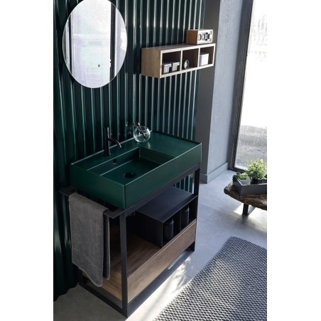 Meuble console de salle de bain metal noir L:89cm et tiroir en bois 89 avec une vasque rectangulaire rose mat scaxsolid1