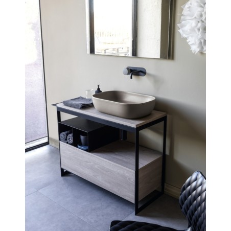 Meuble  de salle de bain largeur L:109cm hauteur 90cm avec un tiroir en bois, une vasque ovale sand mat à poser scaxsolid5