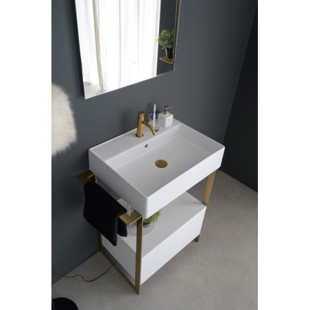 Meuble de salle de bain en métal doré avec une vasque blanc mat et un tiroir blanc  69x43.5cm hauteur 90cm scaxsolid21