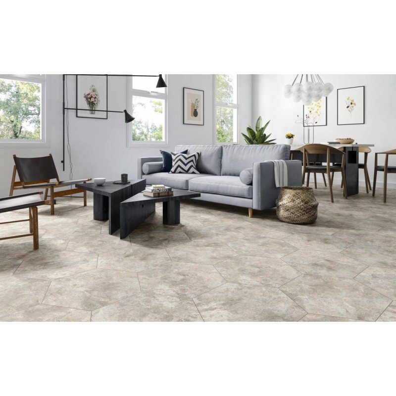 Carrelage hexagone effet pierre taupe mat très grand format rectifié 56x48.3cm, antidérapant realarlet taupe