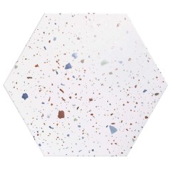 Carrelage hexagone effet terrazzo fond blanc mat grand format rectifié 56x48.3cm, sol et mur realconfeti white