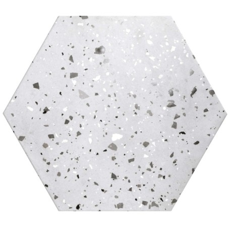 Carrelage hexagone effet terrazzo fond gris mat grand format rectifié 56x48.3cm, sol et mur realconfeti grey