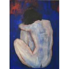 Peinture contemporaine, tableau figuratif de nu , acrylique sur toile 100x73cm femme assise de dos sur fond bleu