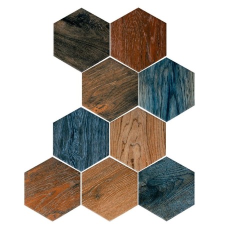 Carrelage hexagone imitation bois de couleur patchwork, sol et mur, épaisseur 9mm, 22x25cm pasicaugusta