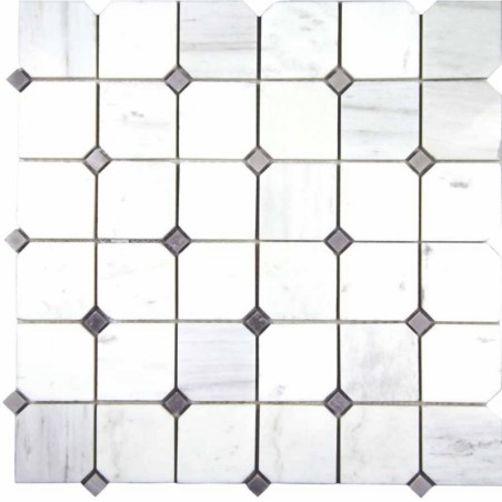 Mosaique décor octogone marbre blanc brillant avec cabochon gris sur trame 30x30cm mox victoria blanco