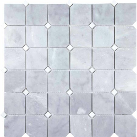Mosaique décor octogone marbre gris brillant brillant avec cabochon blanc sur trame 29.5x29.5cm mox victoria gris
