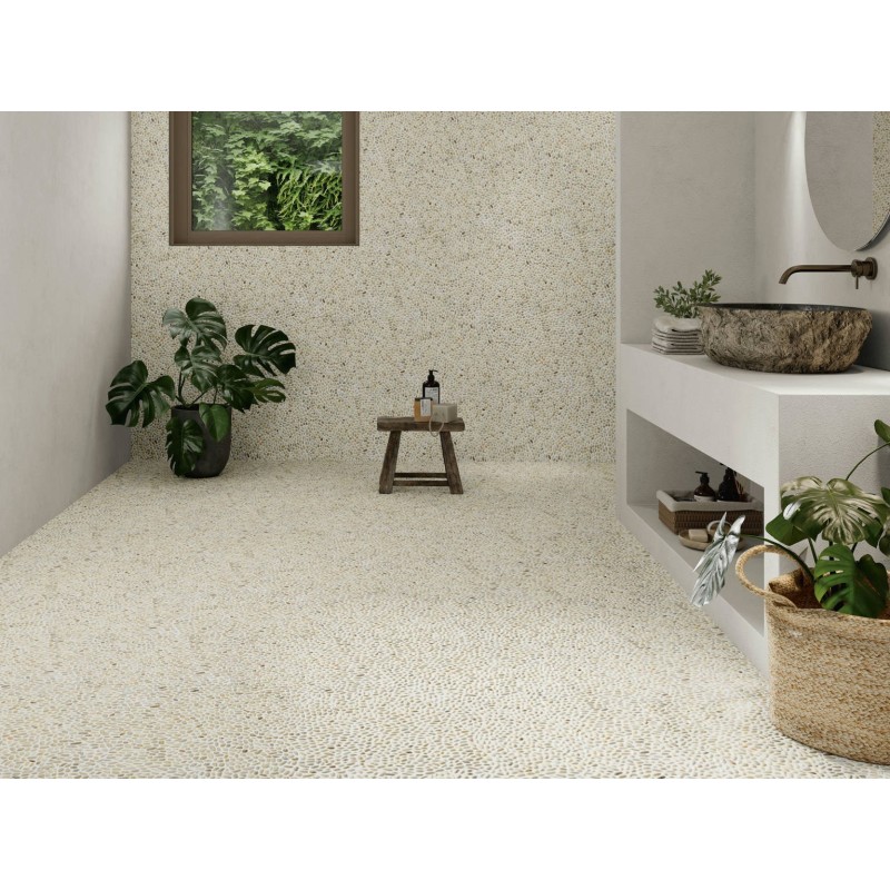 Mini galets blanc beige mélangé sur trame 30x30cm, pour la salle de bains, mox mini pebble blanco