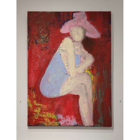 Femme à la robe bleue: acrylique sur toile 100x73cm, peinture contemporaine figurative