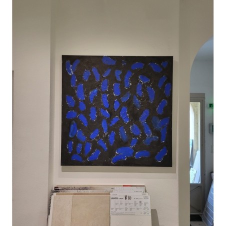 Peinture contemporaine, moderne abstrait, acrylique sur toile 100x100cm, étude en bleu et noir