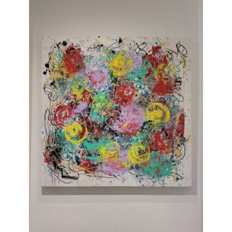 Tableau moderne, peinture contemporaine, acrylique sur toile 100x100cm: fleurs de ronce jaune et rouge.