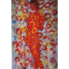 Peinture contemporaine, tableau moderne de nu figuratif, acrylique sur toile 100x65cm  femme debout de dos en rouge