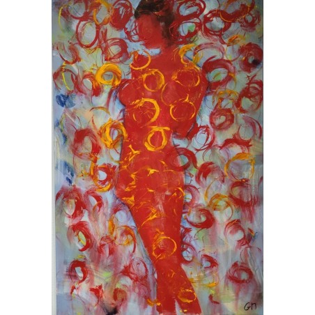 Peinture contemporaine, tableau moderne de nu figuratif, acrylique sur toile 100x65cm  femme debout de dos en rouge