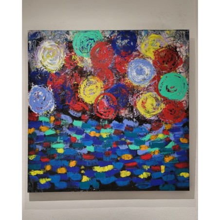 Peinture contemporaine, tableau moderne abstrait, acrylique sur toile 100x100cm, vase aux fleurs