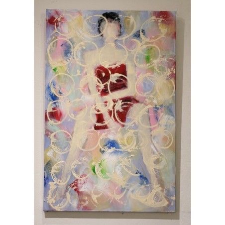 Peinture contemporaine, tableau moderne de nu figuratif, acrylique sur toile 100x65cm intitulée: femme assise à robe rouge 2