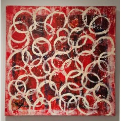 Peinture contemporaine, tableau moderne abstrait, acrylique sur toile 100x100cm, étude en rouge et beige