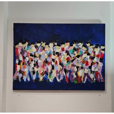 Peinture contemporaine  figurative, acrylique sur toile 100x73cm: hommes qui marchent abstrait fond bleu