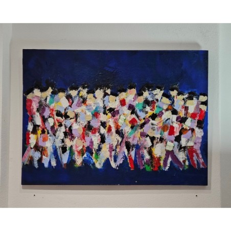Peinture contemporaine  figurative, acrylique sur toile 100x73cm: hommes qui marchent abstrait fond bleu