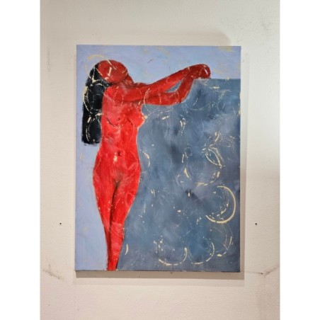Peinture contemporaine, tableau moderne figuratif de nu , acrylique sur toile 100x73cm femme rouge appuyée