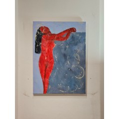 Peinture contemporaine, tableau moderne figuratif de nu, acrylique sur toile 100x73cm femme rouge appuyée