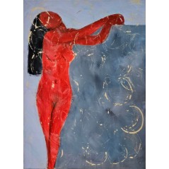 Peinture contemporaine, tableau moderne figuratif de nu , acrylique sur toile 100x73cm femme rouge appuyée