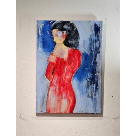 Peinture contemporaine, tableau moderne de nu figuratif, acrylique sur toile 92x65cm intitulée: femme de dos en rouge
