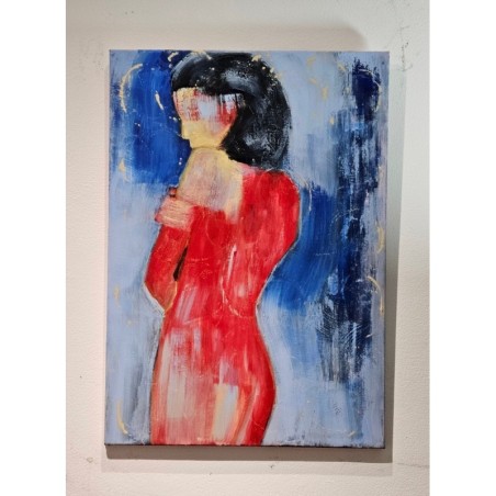Peinture contemporaine, tableau moderne de nu figuratif, acrylique sur toile 92x65cm intitulée: femme de dos en rouge