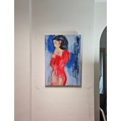 Peinture contemporaine, tableau moderne de nu figuratif, acrylique sur toile 92x65cm intitulée: femme de dos en rouge