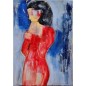 Peinture contemporaine, tableau moderne de nu figuratif, acrylique sur toile 92x65cm intitulée: femme de dos en rouge