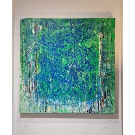 Peinture contemporaine, tableau moderne abstrait, acrylique sur toile 100x100cm, étude en vert et bleu