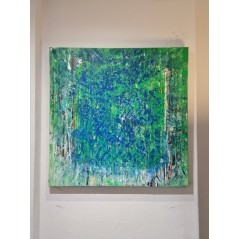 Peinture contemporaine, tableau moderne abstrait, acrylique sur toile 100x100cm, étude en vert et bleu